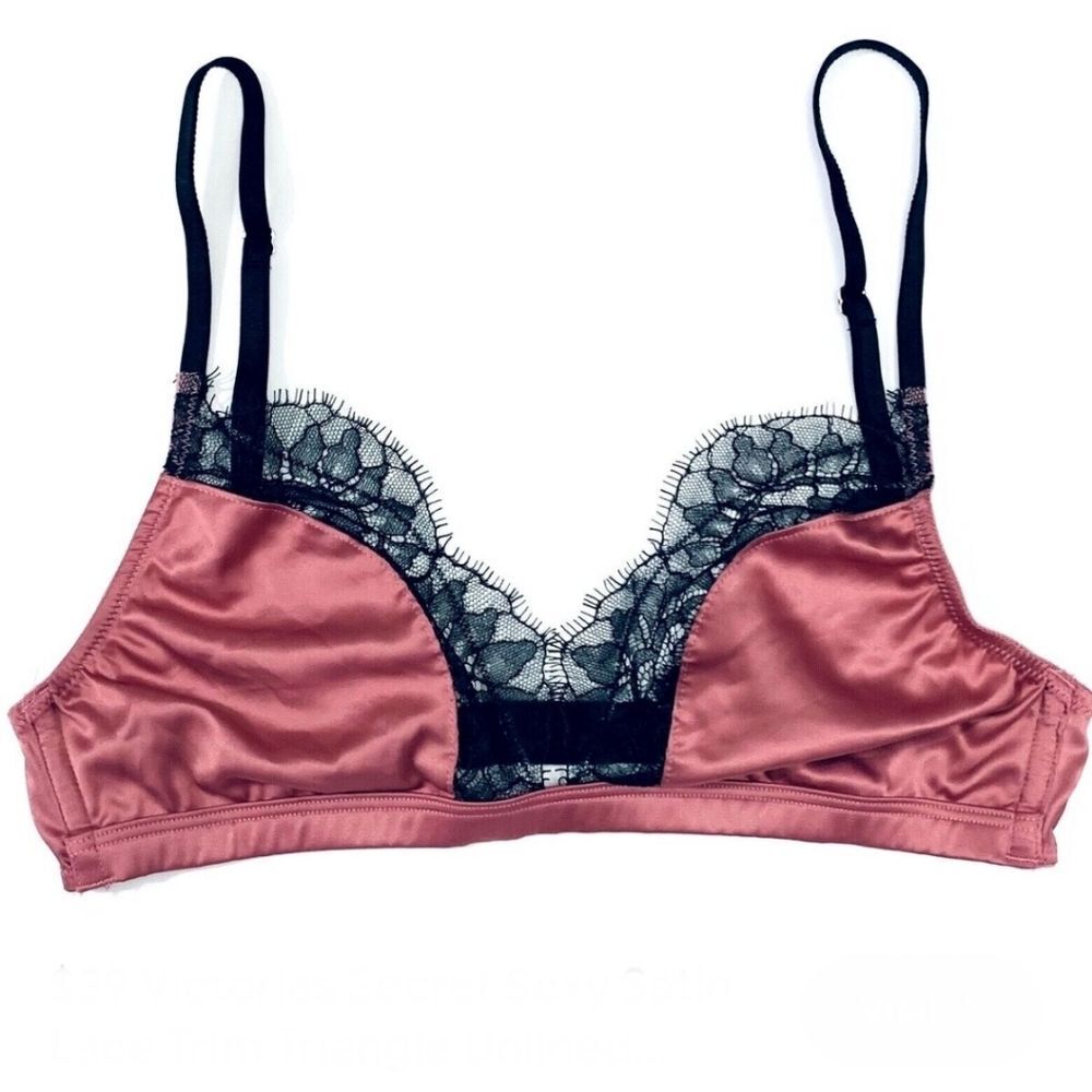 Victoria's Secret Pink Satin Black Eyelash Lace Bralette, Sz M